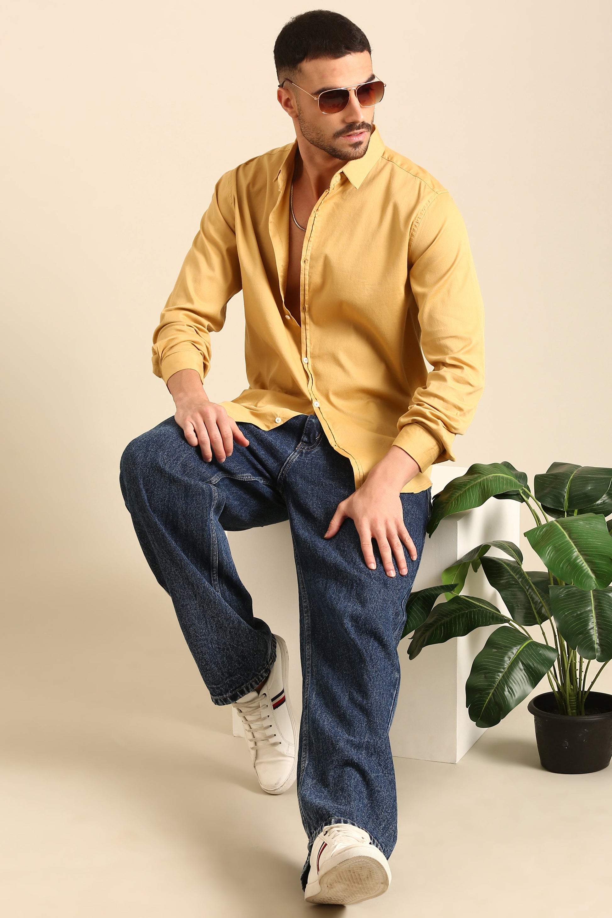 Men'S Solid Amber Full-Sleeve Viscose Lycra Shirt