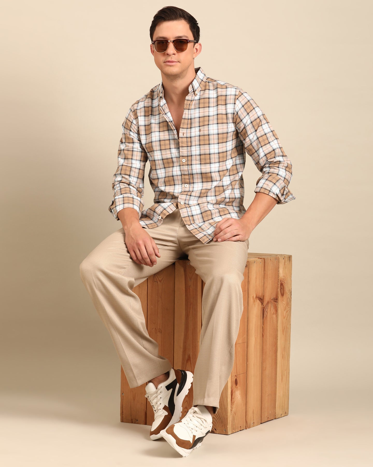Pure Cotton Brown-White Windowpane Checkered Full Sleeve Shirt