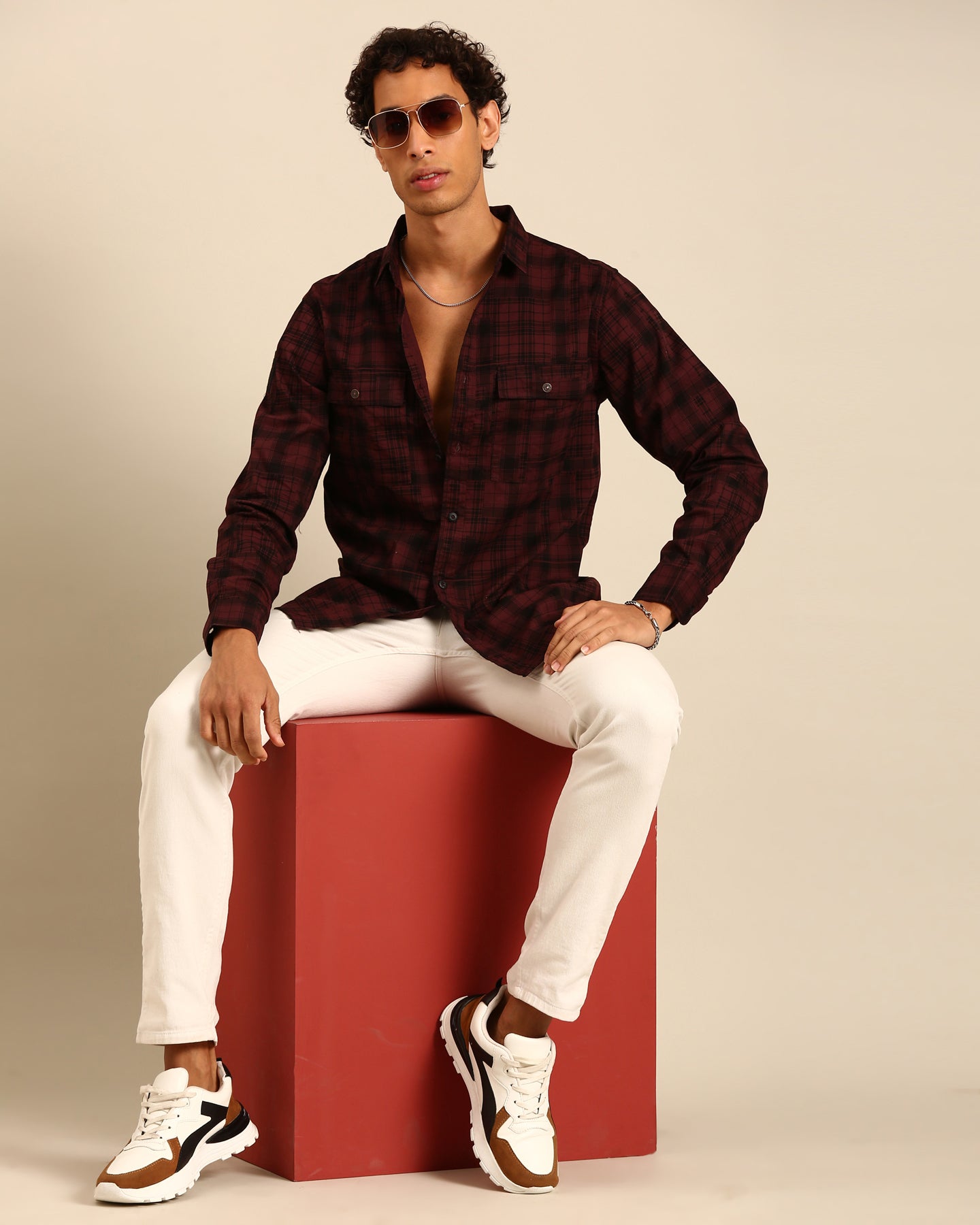 Corduroy Full Sleeve Maroon And Black Tartan Plaid Checks