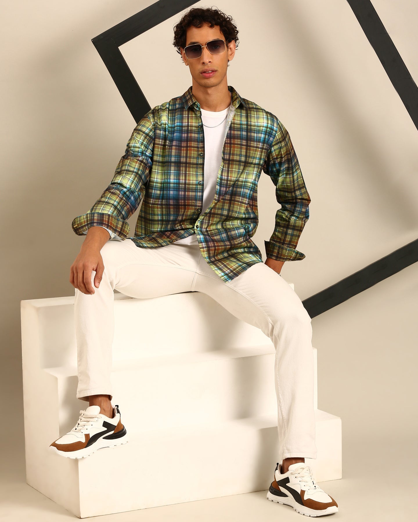 Classic Yellow and Blue Digital Print Madras Checked Full Sleeve Shirt