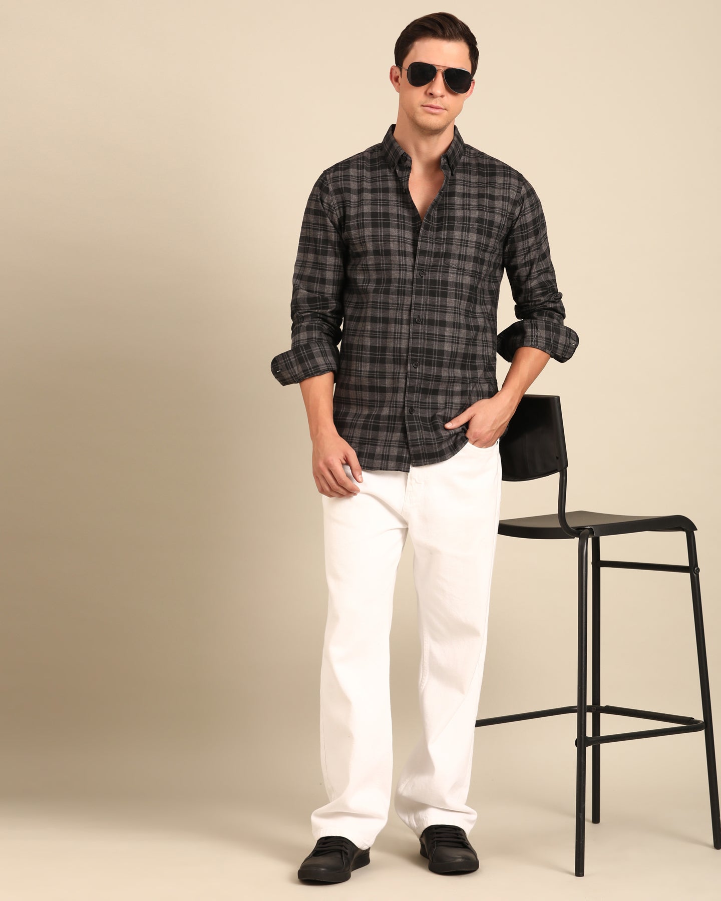 Milange Yarn Grey-Black Tartan Plaid checkered Full Sleeve Shirt