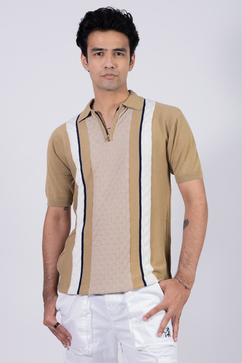 Knitted Regular Fit Zipper Polo T-shirt - Beige Unisex