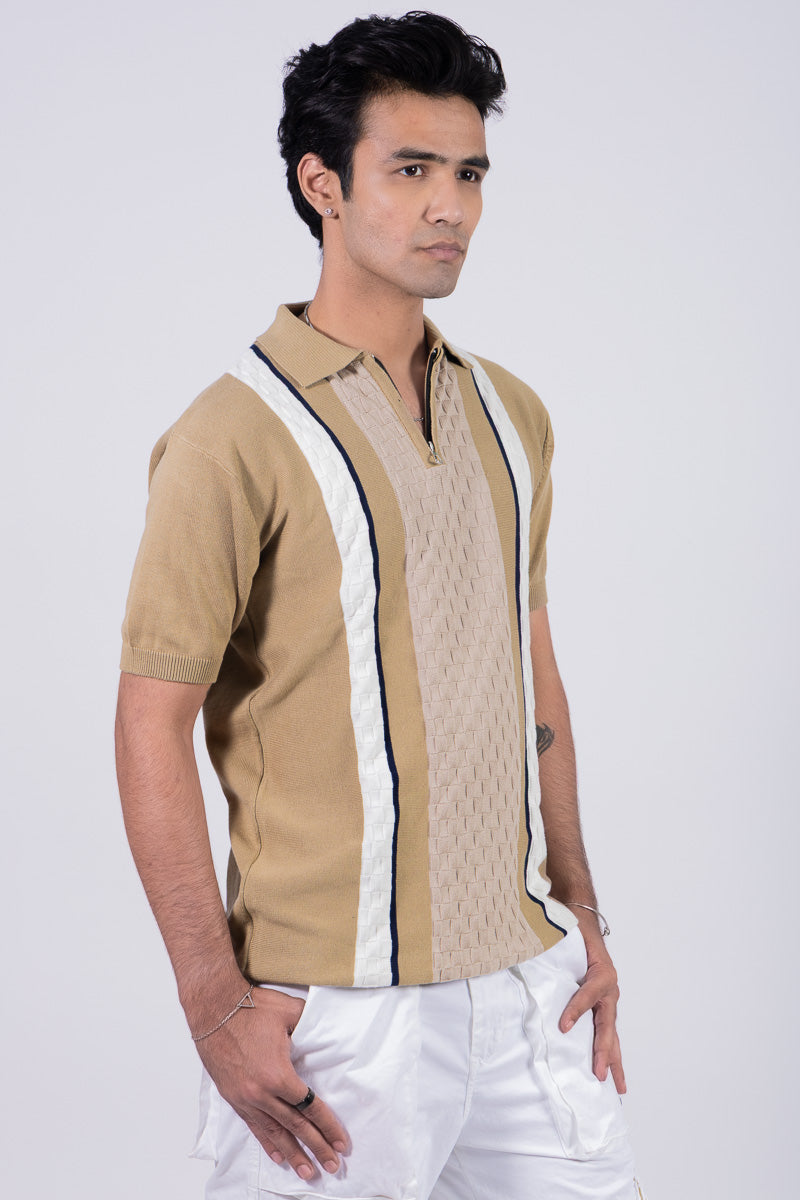 Knitted Regular Fit Zipper Polo T-shirt - Beige Unisex