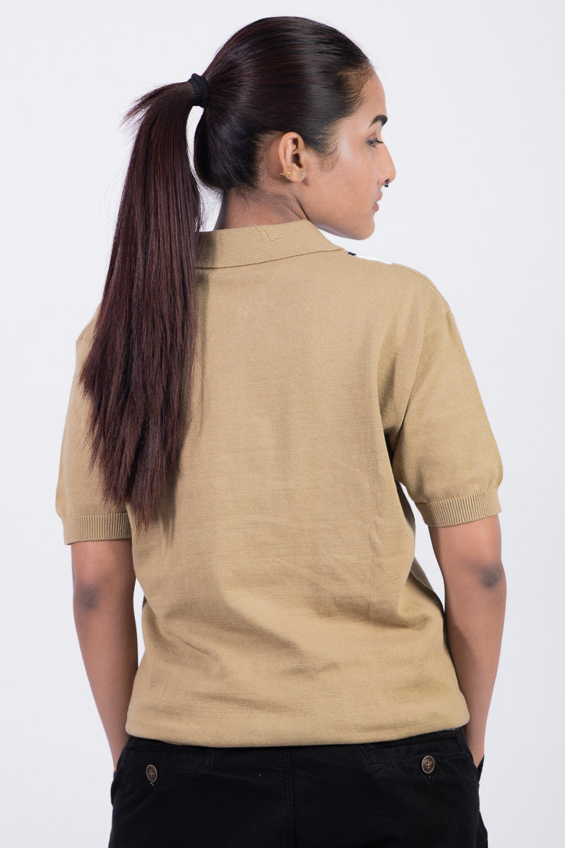 Knitted Regular Fit Zipper Polo T-shirt - Beige Unisex