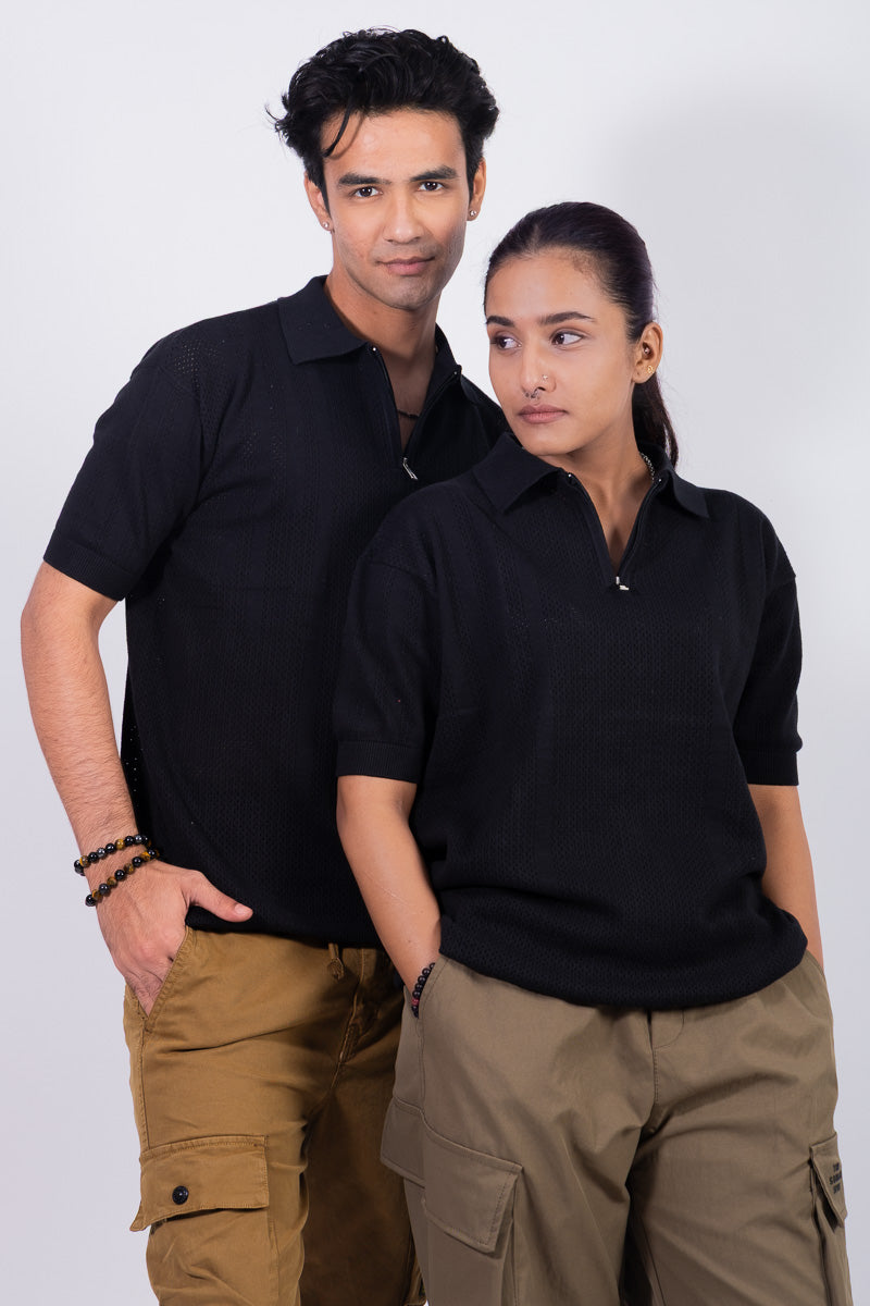 Knitted Unisex Zipper Polo T-shirt - Black