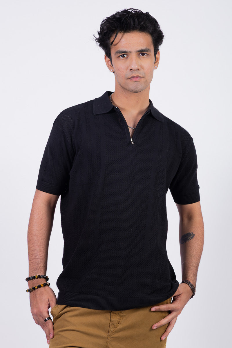 Knitted Unisex Zipper Polo T-shirt - Black