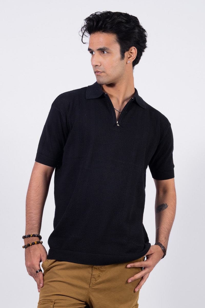 Knitted Unisex Zipper Polo T-shirt - Black