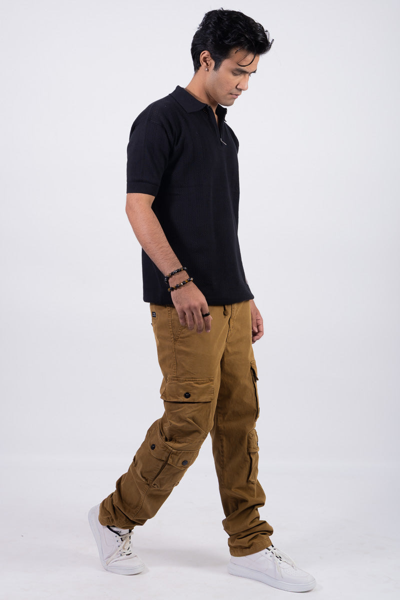 Knitted Unisex Zipper Polo T-shirt - Black