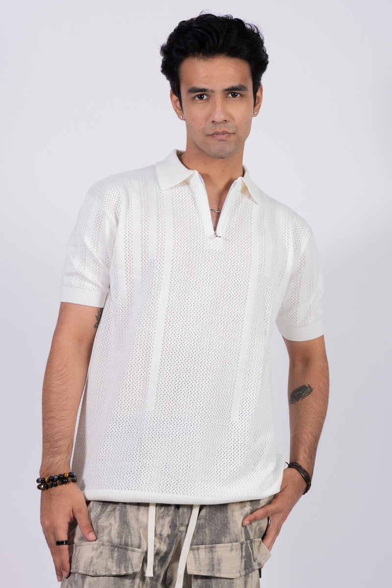 Knitted Unisex Zipper Polo T-shirt - WHITE