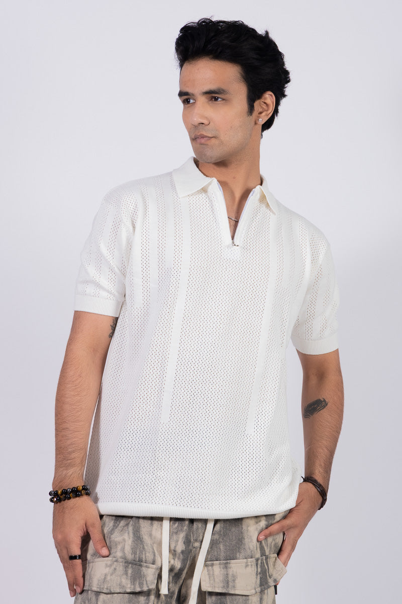 Knitted Unisex Zipper Polo T-shirt - WHITE