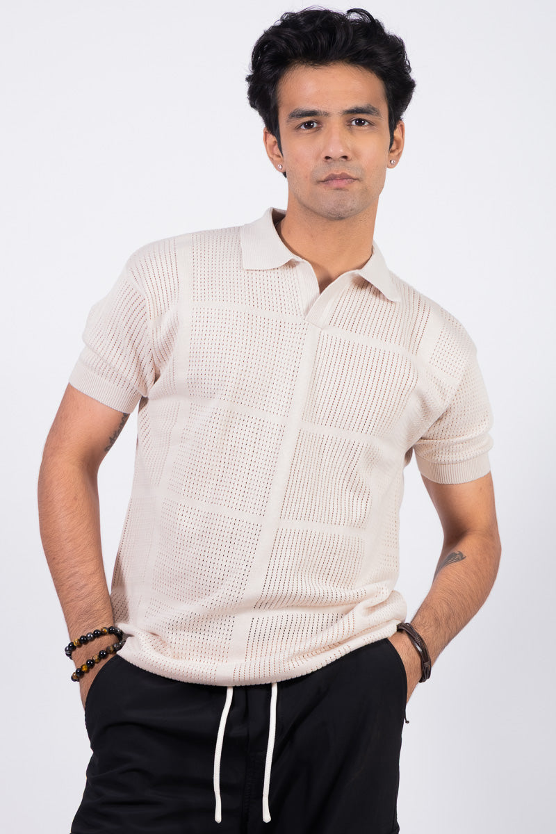 Knitted Unisex Solid Polo T-shirt- Ivory