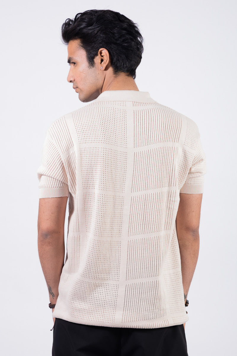 Knitted Unisex Solid Polo T-shirt- Ivory