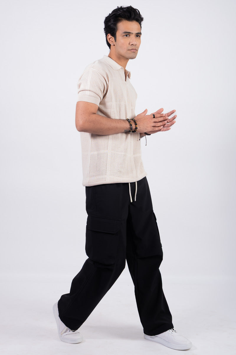 Knitted Unisex Solid Polo T-shirt- Ivory