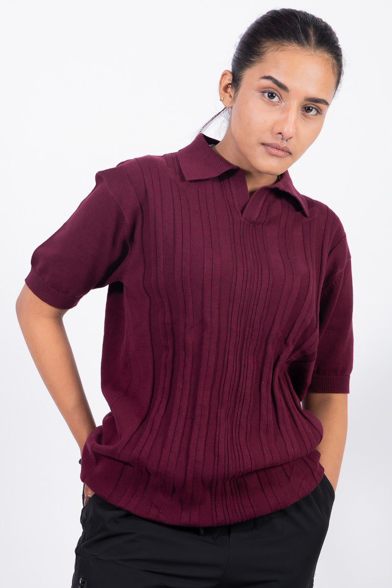 Knitted Maroon Polo T-shirt- Unisex