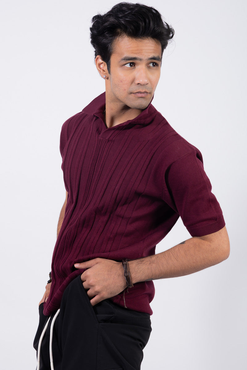 Knitted Maroon Polo T-shirt- Unisex