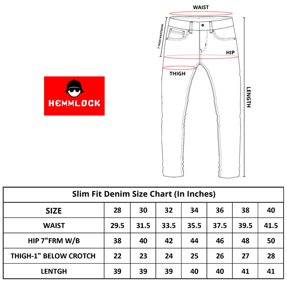 Size chart for Slim Fit Denim Jeans